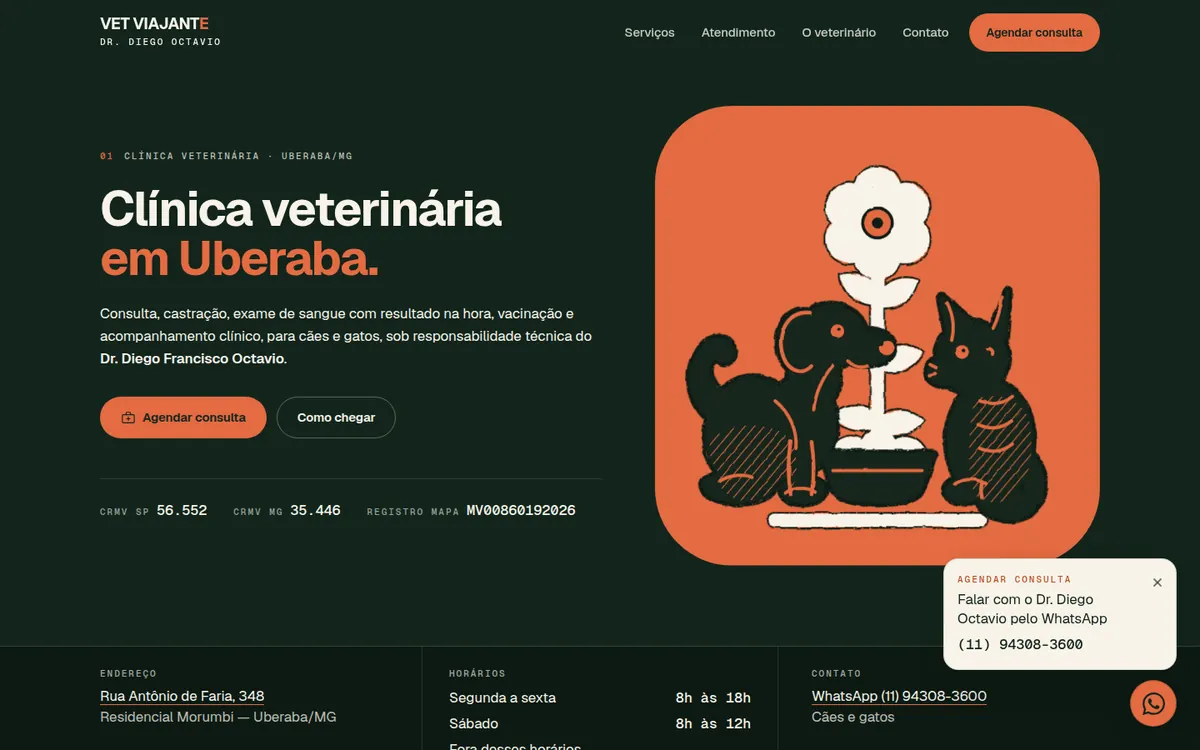 Página inicial do site da VetViajante, fundo verde-escuro, título Clínica veterinária e uma ilustração de cão e gato.